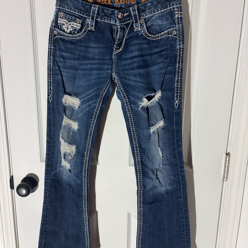 Rock Revival Dark Blue Boot Cut Jeans with Distressed Accents